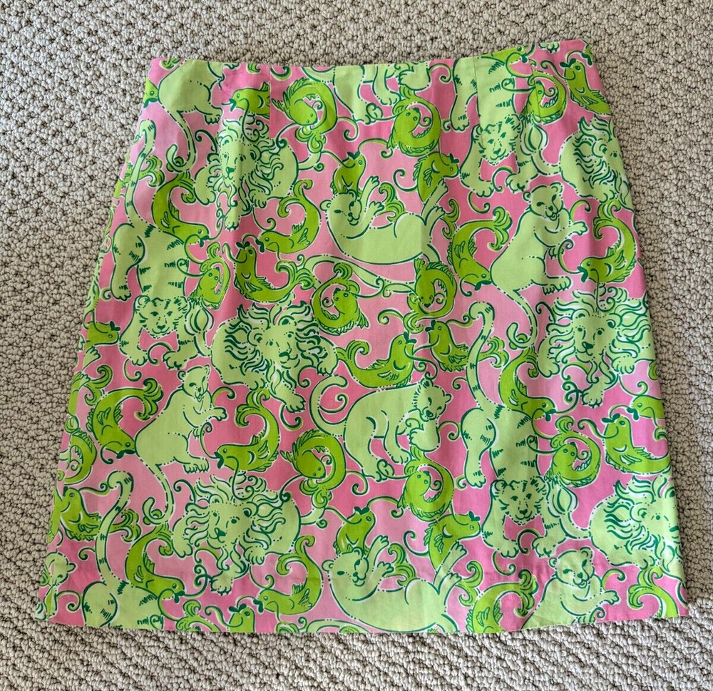 LILLY PULITZER Skirt 8 Pink Green Womens Lined cotton Lions Tigers Fish Pattern